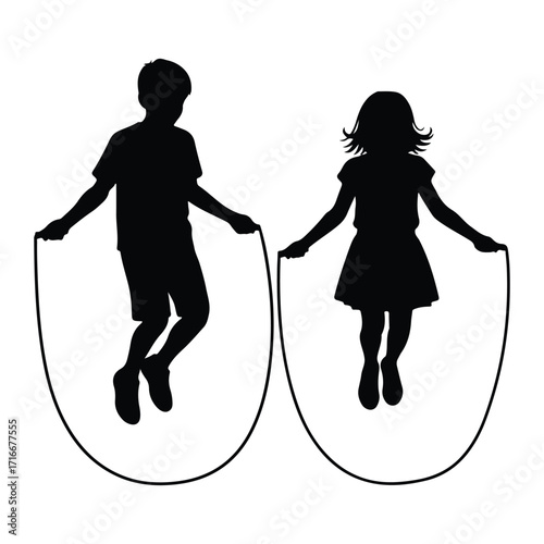 Children jumping rope silhouettes black and white active
