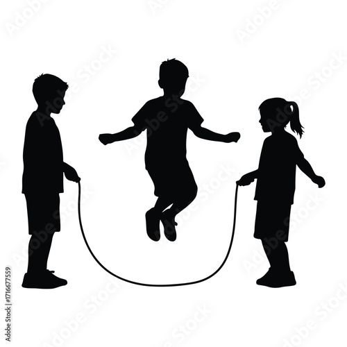 Children jumping rope silhouette playing active