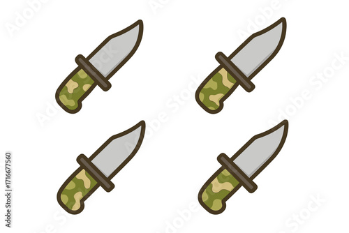 Military combat knife icon set. Vector cartoon illustration of a tactical army dagger with a camouflage handle. Survival hunting blade weapon symbol. Isolated on white background.