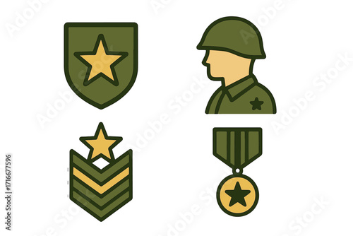 Military icon set for Veterans Day. Soldier, army rank insignia, medal of honor and shield badge. Armed forces patriot service symbol. Flat vector cartoon illustration.