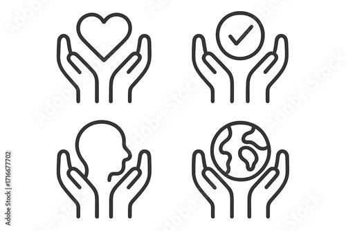 Care and support icon set. Hands holding heart, planet, head, and checkmark. Linear vector symbols for charity, donation, mental health, ecology, and quality assurance.