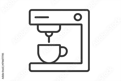Coffee machine icon vector line art illustration. Simple outline drawing of a coffee maker brewing espresso into a cup. Kitchen appliance for office or home workspace.
