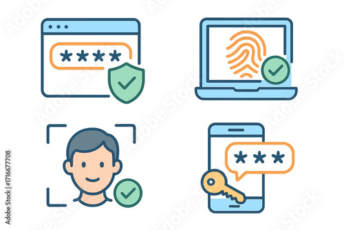 Authentication technologies vector icon set. Cybersecurity concepts like password protection, fingerprint biometrics, face recognition scan, and mobile key login access control.