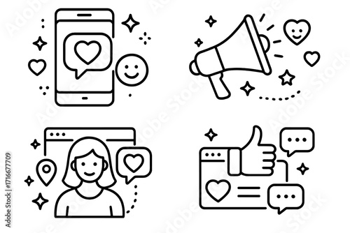 Social media marketing icon set. Blogging, promotion concept. Like, comment, follower engagement symbols. Vector line art for digital communication, community, user feedback.