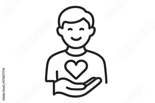 Man holds heart in hand. Vector line icon of love, care, kindness, and compassion. Symbol for charity, donation, volunteering, support, and social help. Health care concept.