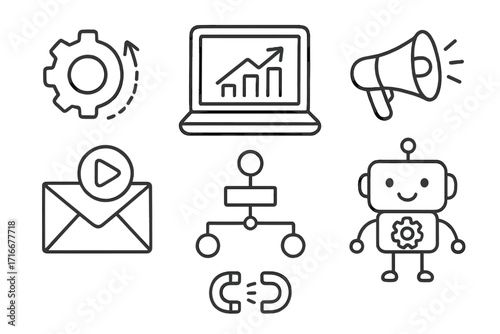 Digital marketing icon set for business. Technology, SEO analytics, content strategy symbols. Automation process, AI chatbot, and lead generation vector line art illustration.