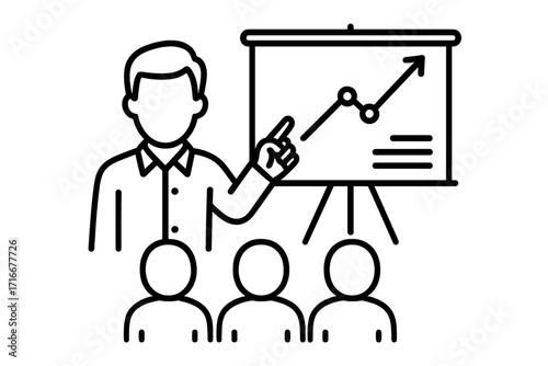 Business presentation vector icon. Speaker at conference. Leader with team. Training and coaching. Growing chart on board. Financial success, data analysis, growth concept.