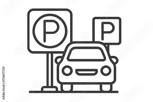 Car parking line icon. Public park zone symbol. Automobile at parking lot with P sign. Vector linear illustration for driver info, city traffic regulation, and road transport.