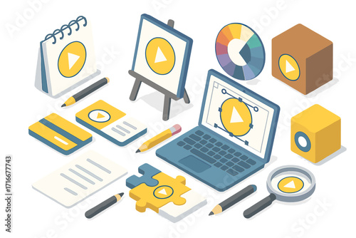 Brand identity isometric vector illustration. Corporate branding elements set. Creative process, logo design, content creation and marketing for business presentation concept.