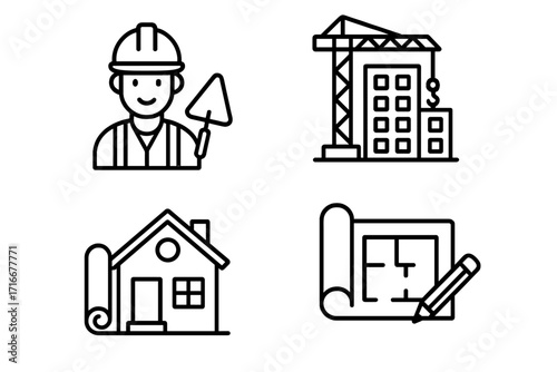 Construction line icon set. Building industry concept with worker, crane, house, blueprint. Architecture and engineering symbols. Real estate development vector graphics.