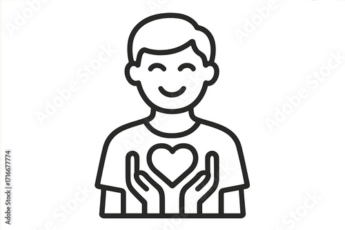 Man holding heart icon. Love, care, and compassion concept. Symbol of charity, donation, and volunteering. Health care, support and self-love. Vector linear illustration.