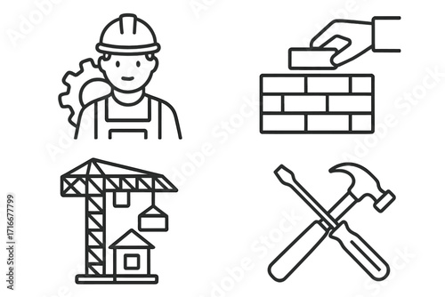 Build concept line icon set. Construction worker, bricklaying, tower crane, and tools. Vector symbols for engineering, architecture, and industrial development. House building process.