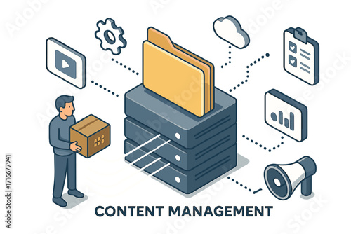 Content management system isometric concept. Man with box uploads files to a central server. Digital asset management workflow with cloud storage, database, and analytics icons.