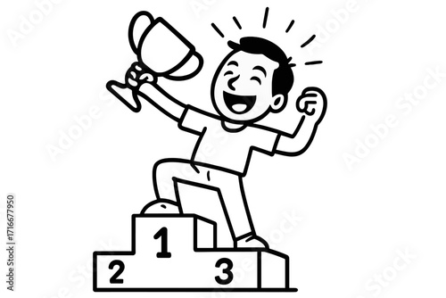 Winner on podium with trophy cup. Champion celebrating victory. First place achievement. Business success concept. Cartoon doodle vector illustration for goal attainment.