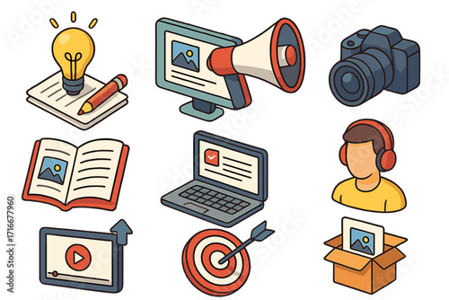 Content creation isometric icon set. Digital marketing symbols. Idea generation, writing, blogging, video production, podcasting, photography, promotion and distribution.