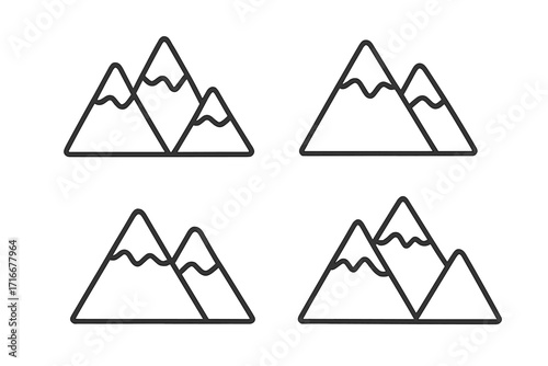 Mountain line icon set. Simple nature landscape pictogram. Minimalist rock peak symbol for logo. Outdoor adventure, travel, hiking sign. Vector hill silhouette collection.