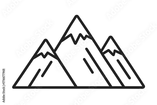 Mountain range line icon. Vector illustration of peaks with snow. Symbol for nature, travel, adventure, hiking, climbing. Minimalist landscape graphic. Alps logo concept.