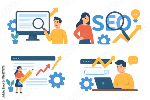 Vector set of SEO and digital marketing concepts. Cartoon people working on search engine optimization, keyword research, data analysis, and content creation for business growth.