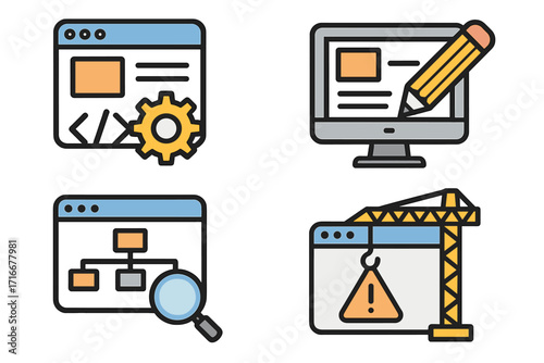Web development icon set. Website design and programming. Coding, content creation, sitemap analysis, and under construction page concepts. Clean linear vector icons for UI UX.