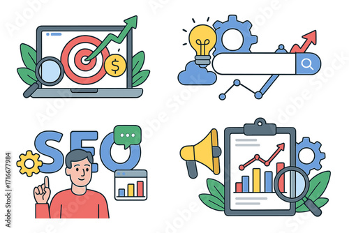 SEO marketing icon set. Digital business strategy, data analysis, keyword research, financial target, advertising, and growth concept. Vector cartoon illustration for website.