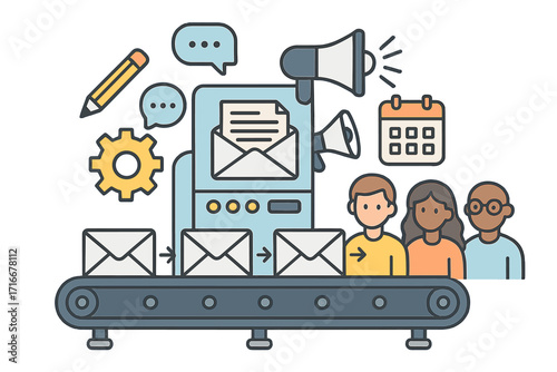 Email marketing automation concept. Conveyor belt with newsletters for a target audience. Metaphor for a digital campaign, promotion, lead generation and customer communication.