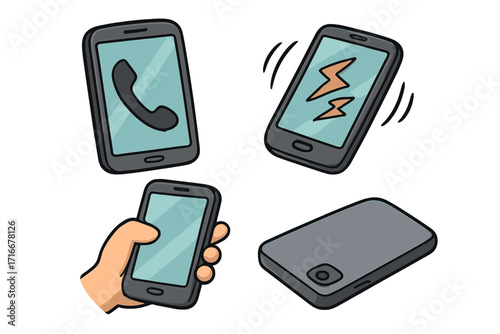 Smartphone cartoon icon set. Mobile phone vector illustration collection. Hand holding phone, incoming call, vibrating alert notification, and device back view. Cellphone graphic.