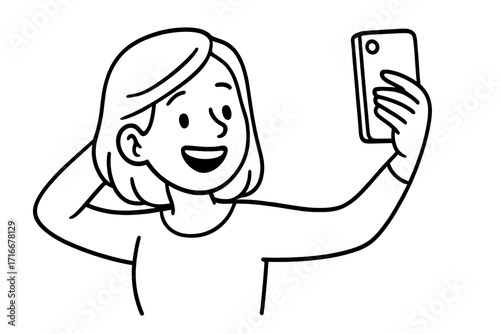 Happy woman taking selfie on smartphone. Young girl vlogger smiling for picture. Social media, communication concept. Modern lifestyle. Line art vector illustration cartoon doodle style.