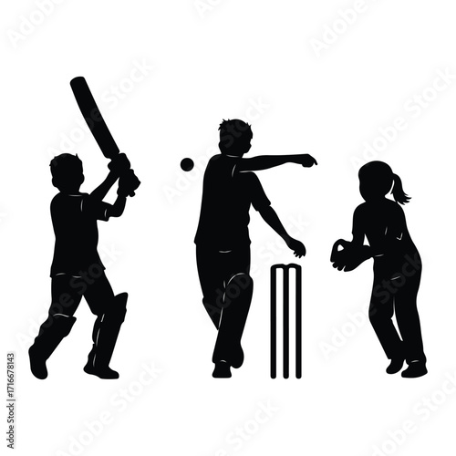 Children playing cricket silhouette sport