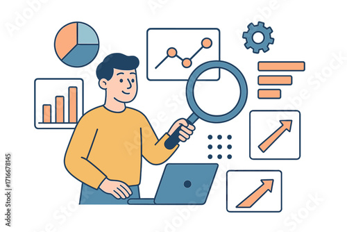Data analysis and business analytics concept. Man with magnifying glass and laptop researches market trends. Infographic with charts for financial report, statistics, and SEO.