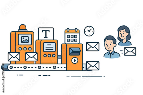Email marketing concept with production line. Automated conveyor belt creating and sending newsletters with design and content to a targeted audience. Campaign workflow.