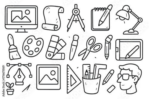 Graphic design doodle icon set. Hand drawn vector illustration of creative tools. Artist and designer workspace elements. Art, creativity, digital drawing, and education concept.