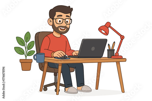 Man working on laptop at home office. Freelancer character at his desk. Remote work, online job concept. Young guy studying or programming. Vector cartoon illustration.