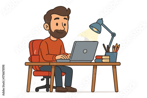 Man working on laptop computer at home office desk. Cartoon character freelancer or student studying. Remote work concept. Vector illustration of a programmer coding.