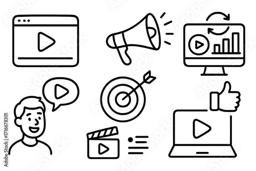 Video marketing and content creation icon set. Doodle illustration for social media, digital advertising, promotion. Includes vlogger, analytics, target, and engagement symbols.