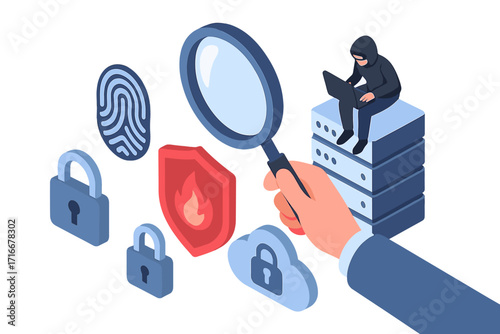 Cybersecurity isometric concept. Hacker attacking server, data protection metaphor. Threat analysis with magnifying glass. Cloud security, firewall, privacy and biometrics.