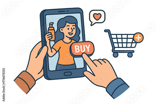 Social commerce and influencer marketing concept. Hand holds smartphone with live stream promotion. Customer finger presses buy button for online shopping and e-commerce.