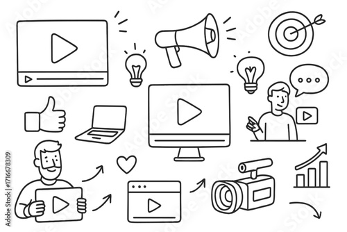 Video marketing and content creation doodle icon set. Vector line art illustration for social media, vlogging, and digital strategy. Includes webinar, streaming, and business growth icons.