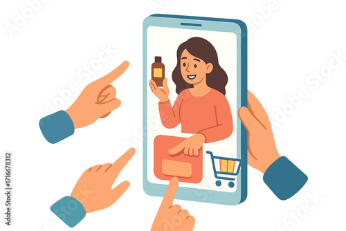 Social commerce concept. Influencer marketing promotion. Woman advertising cosmetic product on mobile phone screen. Customer hands buying online. E-commerce vector illustration.