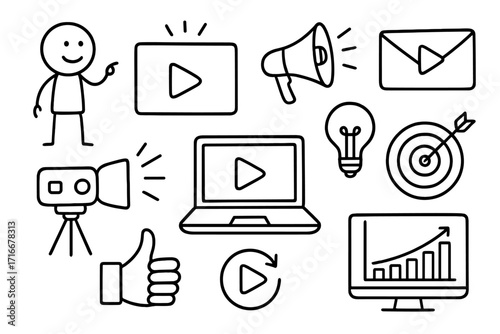 Video marketing doodle icon set. Digital content creation, social media promotion, and business strategy concept. Stick figure presenter, camera, laptop, and growth chart.