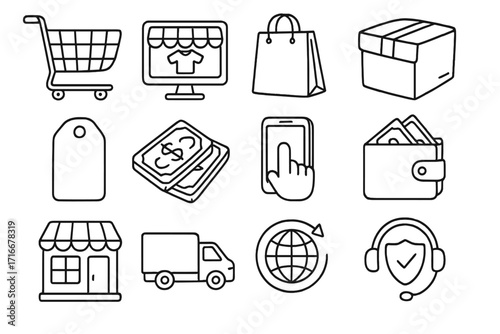 Online shopping and e-commerce vector icon set. Thin line illustrations for retail business, delivery service, payment method, worldwide logistics and customer support.