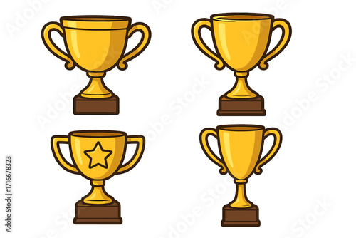 Golden trophy cup award icon set. Gold prize collection for winner. Champion success concept. Victory symbol for first place competition. Vector cartoon sport game achievement.