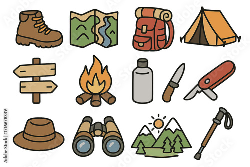 Hiking and camping doodle icon set. Outdoor adventure equipment collection. Vector cartoon graphics for travel and tourism. Trekking gear, boot, map, tent and campfire symbols.