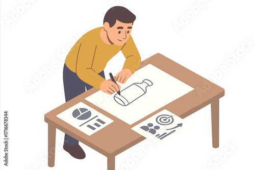Man sketching new product with target audience in mind, using marketing data. New product development, idea phase, innovation, branding, packaging design, and strategy concept.