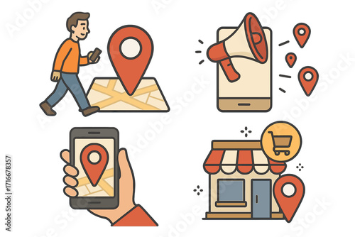 Local marketing icon set. Geolocation advertising and GPS navigation concepts. Vector cartoon illustration of a mobile app for finding store locations with a map pin and megaphone.