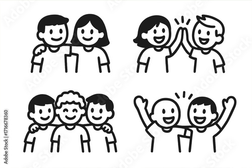 Friendship and community vector icon set. Teamwork and support concepts. Friends group together, high five, hug, and celebrate success. Happy cartoon character partnership.