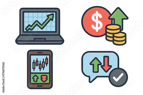 Stock market trading icon set. Financial investment and profit growth concept. Vector illustration of online data analysis with laptop chart and mobile forex candlestick graph.