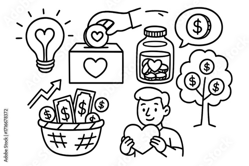 Charity donation and volunteering icon set. Line art illustration for fundraising, money saving, investment growth, and financial support. Crowdfunding and non-profit ideas.
