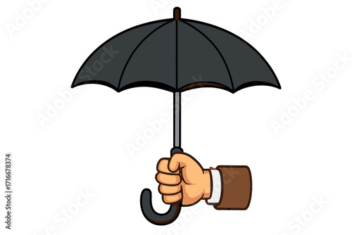Businessman hand holding umbrella concept. Metaphor for protection, insurance, safety, security, and risk management. Financial coverage and support symbol. Vector cartoon icon.
