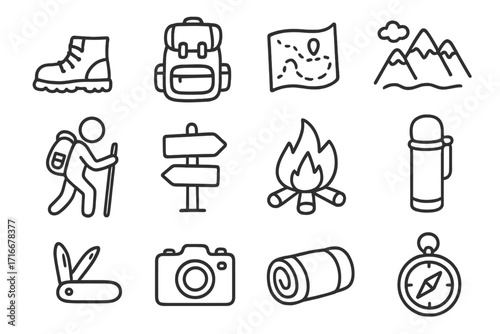 Hiking and camping icon set. Outdoor adventure and travel outline icons. Trekking equipment linear pictogram collection. Mountain, map, compass, campfire, backpack vector signs.