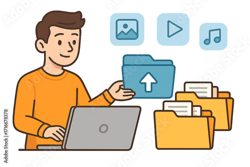 File upload and cloud storage concept. Man at laptop transferring data. Digital document management, online backup service for sharing photo, video, music files. Vector cartoon.